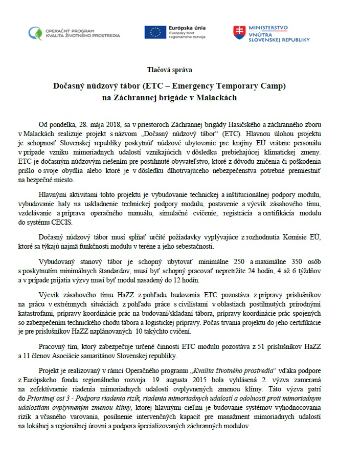 Dočasný núdzový tábor (ETC - Emergency Temporary Camp) na Záchrannej brigáde HaZZ v Malackách